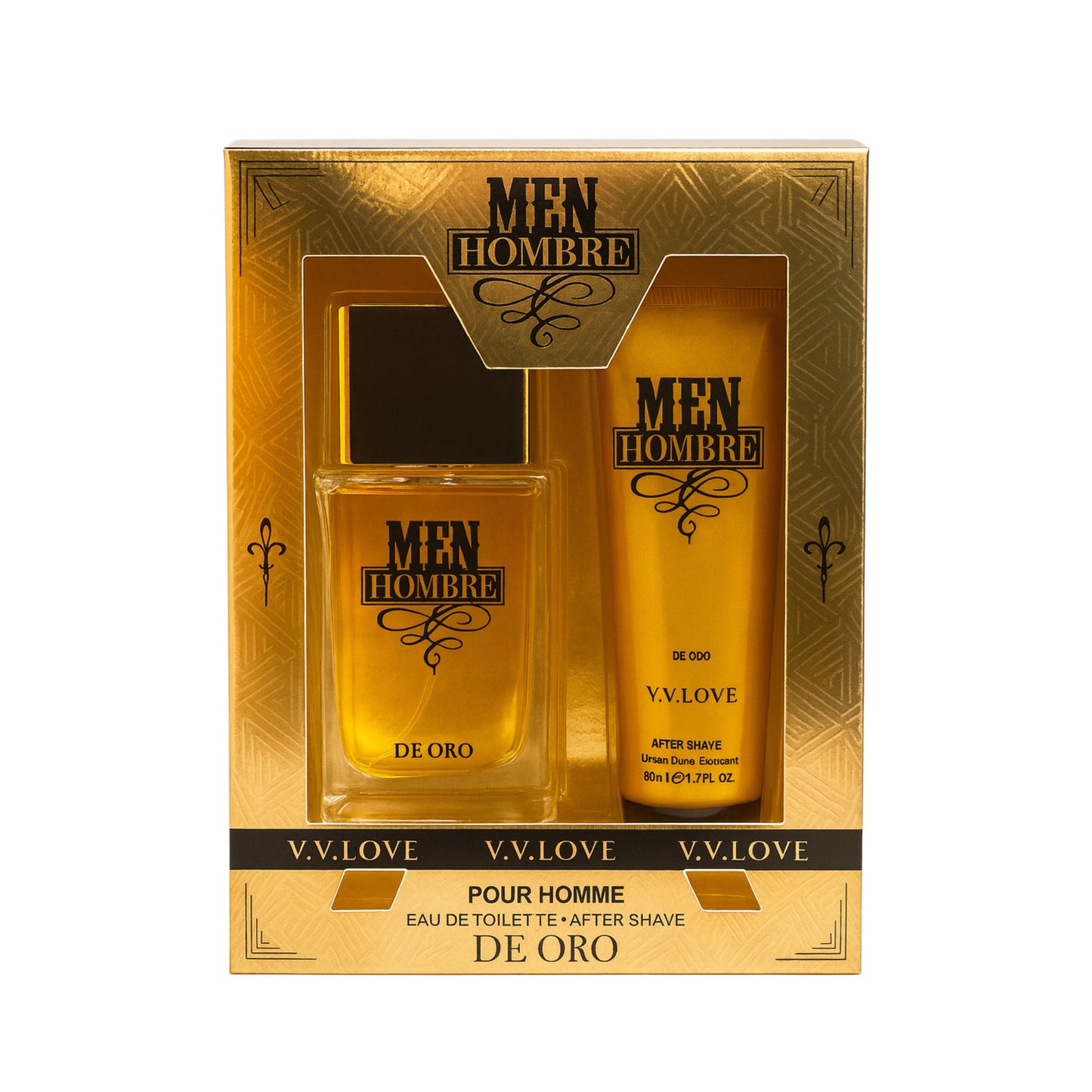 Men Hombre De Oro eau de toilette and aftershave gift set in gold packaging, V.V.Love cosmetics