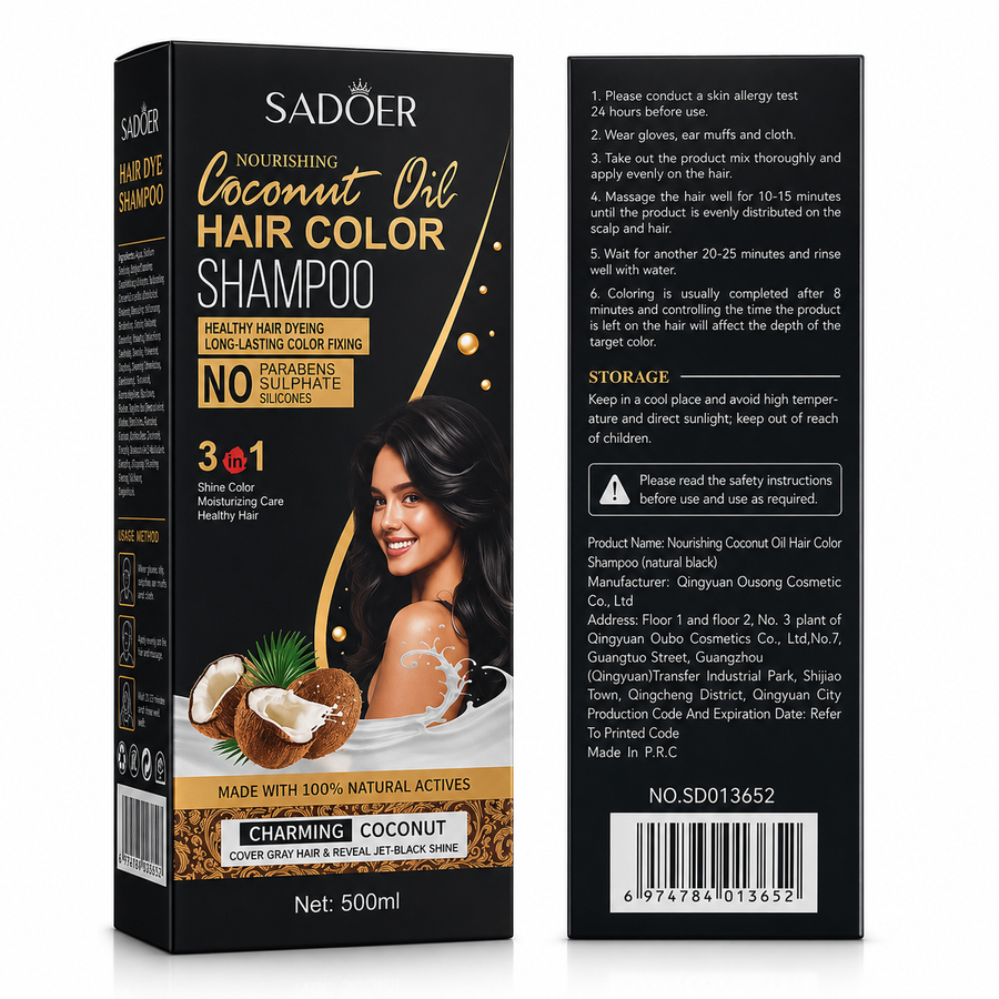 ȘAMPON COLORANT SADOER CU ULEI DE COCOS PENTRU PĂR NEGRU NATURAL 500 ML SD013652