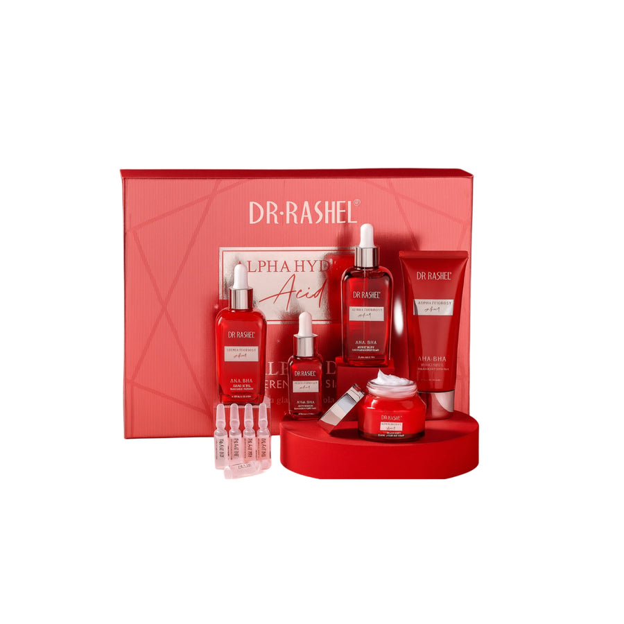 DR RASHEL Alpha Hydroxy Acid skincare set with bottles, tubes, and ampoules, red packaging