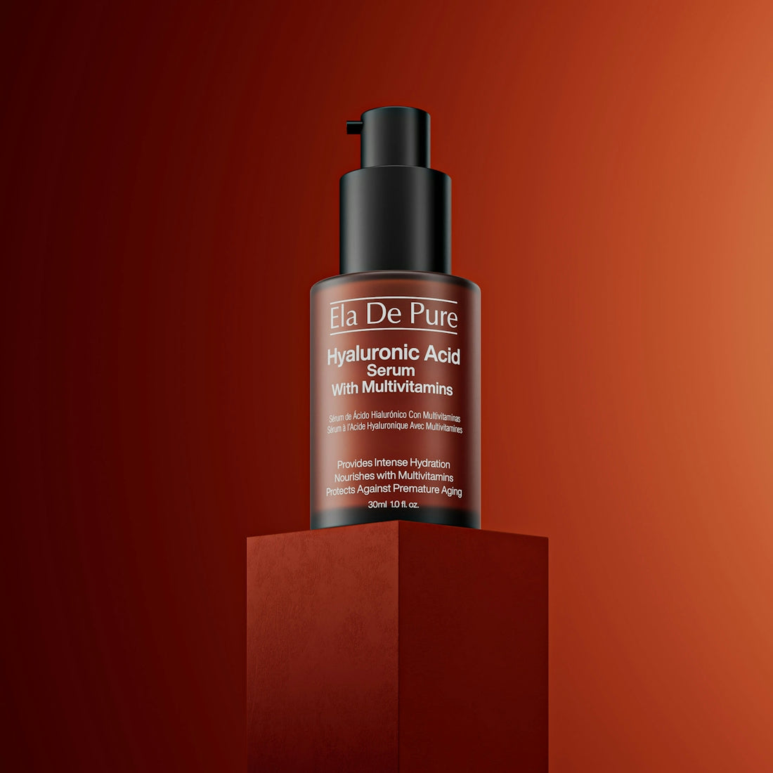 Hyaluronic acid serum bottle on a red cube.
