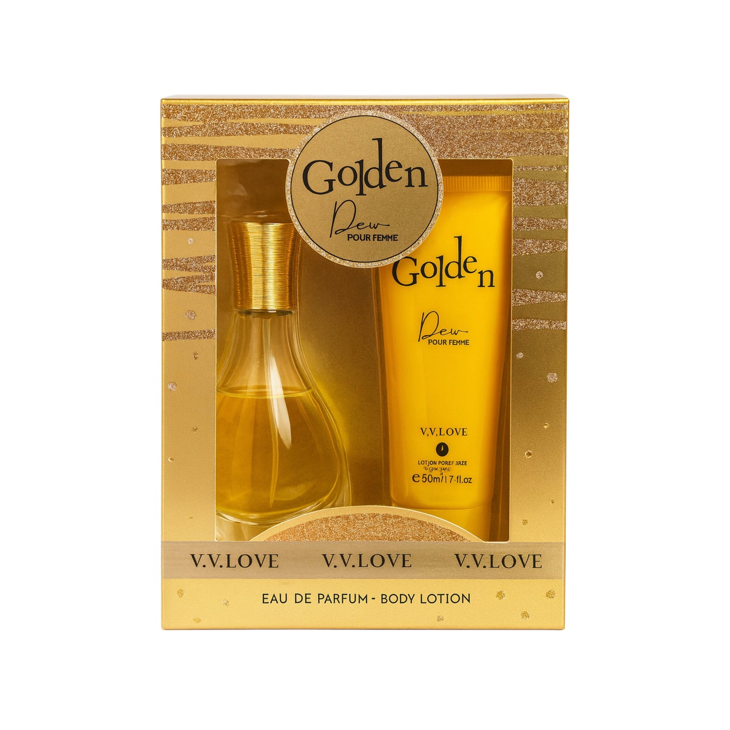 Golden Dew V.V. Love perfume and body lotion set in gold packaging, import cosmetice