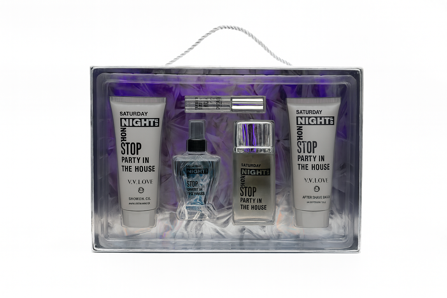 V.V. Love Saturday Night cosmetic gift set with shower gel, aftershave, perfume, and spray