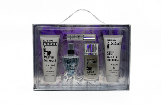 V.V. Love Saturday Night cosmetic gift set with shower gel, aftershave, perfume, and spray