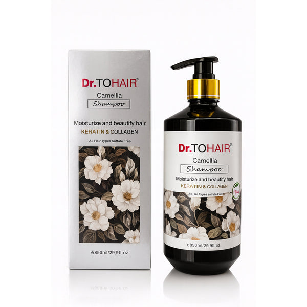 Dr.TOHAIR Camellia Shampoo with keratin and collagen, 850ml bottle and box, floral design