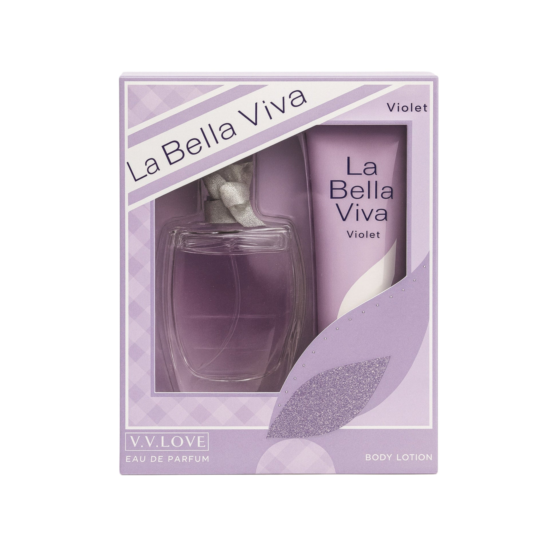 La Bella Viva Violet perfume and body lotion gift set in purple packaging, IMPORT COSMETICE