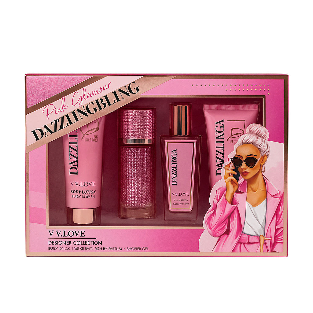 Dazzling Bling V.V. Love cosmetic gift set with body lotion, perfume, and pink packaging