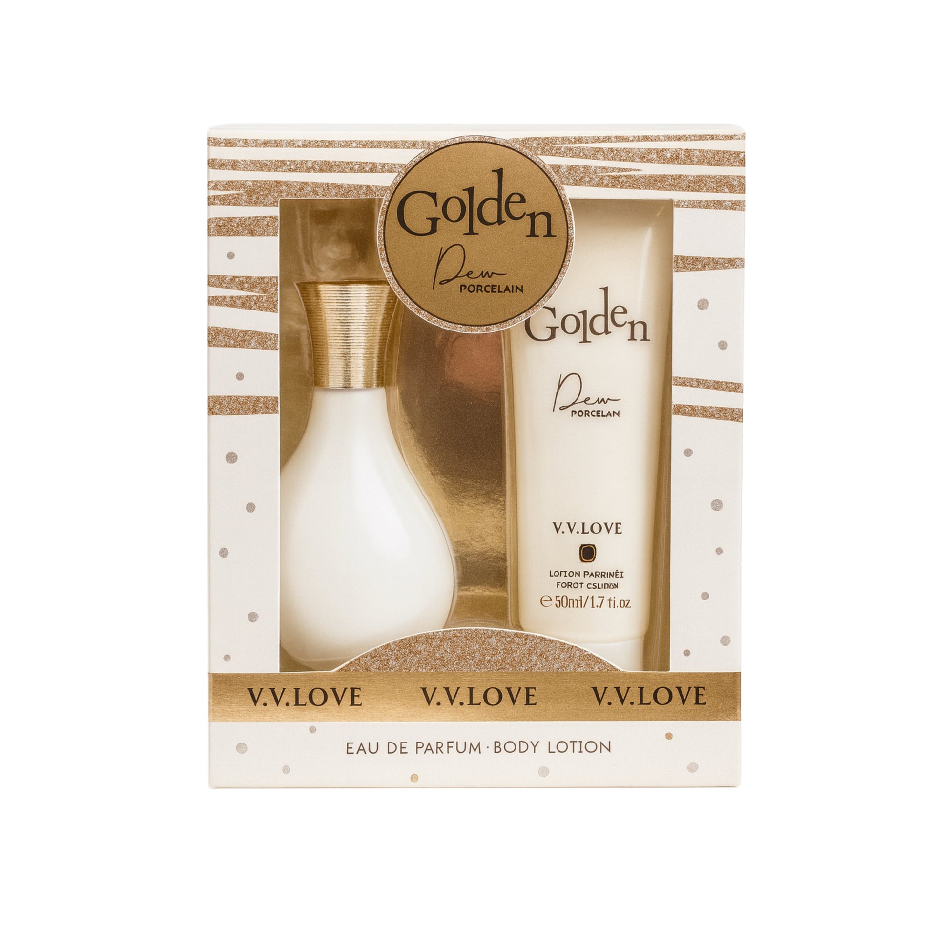 V.V. Love Golden Dew Porcelain eau de parfum and body lotion gift set in decorative box