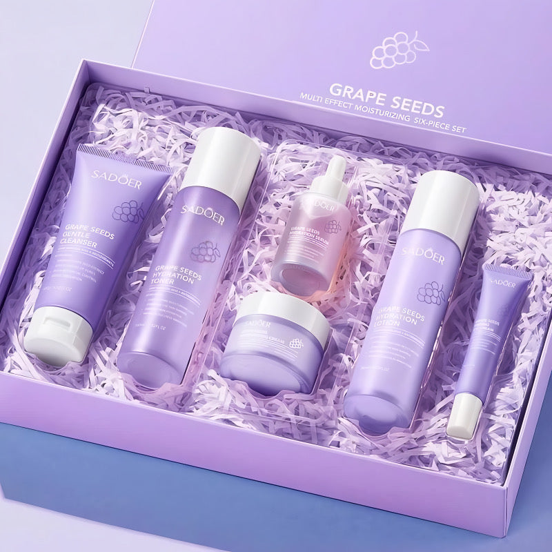 SADOER grape seed skincare set with cleanser, toner, serum, cream and lotion in gift box