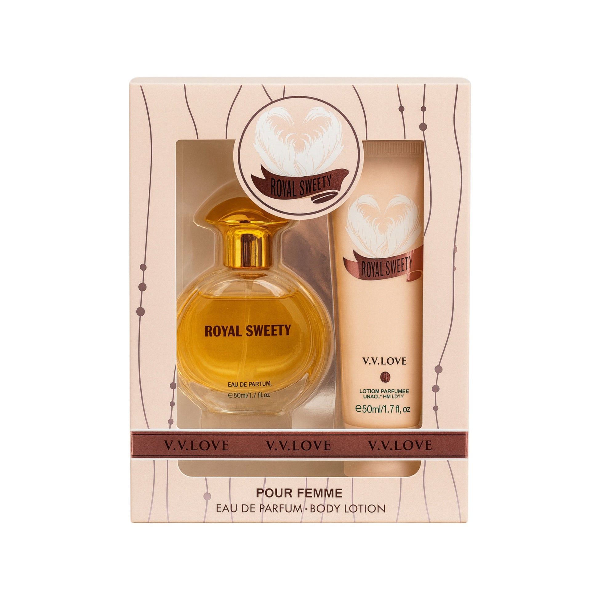 Royal Sweety V.V. Love perfume and body lotion gift set, import cosmetice distributor offer