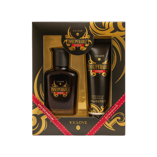 V.V. Love Insuperable Intense eau de parfum and aftershave gift set, black and gold packaging