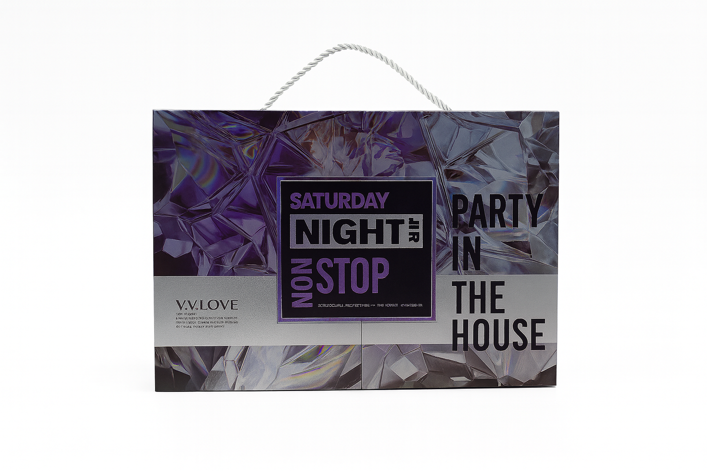 VV LOVE cosmetic shopping bag with purple crystal design, featuring 'Saturday Night Non Stop Party in the House' text