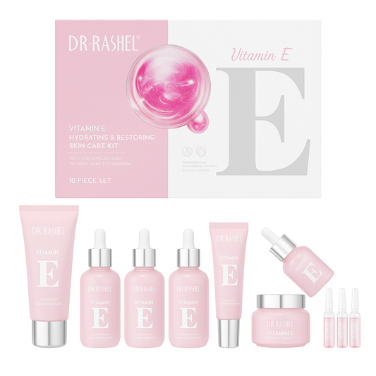 DR RASHEL Vitamin E skin care kit with pink bottles, tubes, and ampoules for import cosmetice