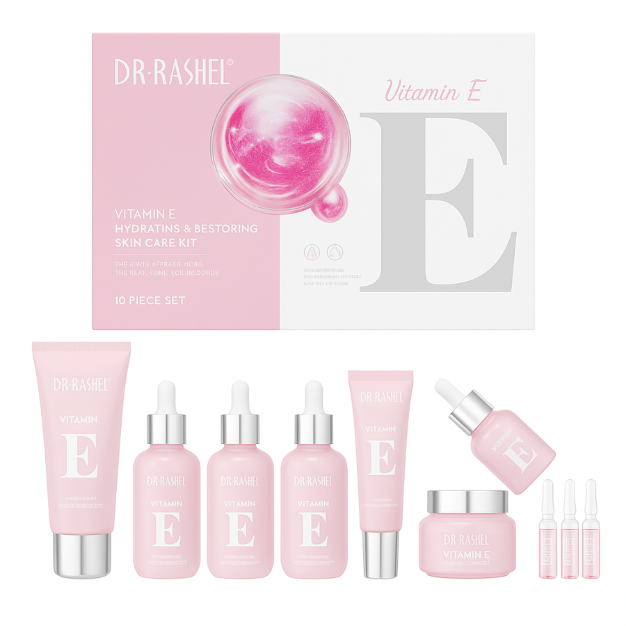 DR RASHEL Vitamin E skin care kit with pink bottles, tubes, and ampoules for import cosmetice