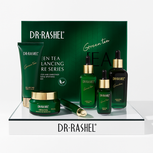 Dr Rashel Green Tea Balancing Care Series skincare set on display with branded packaging