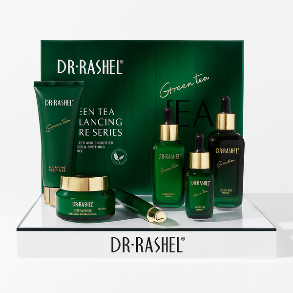 Dr Rashel Green Tea Balancing Care Series skincare set on display with branded packaging