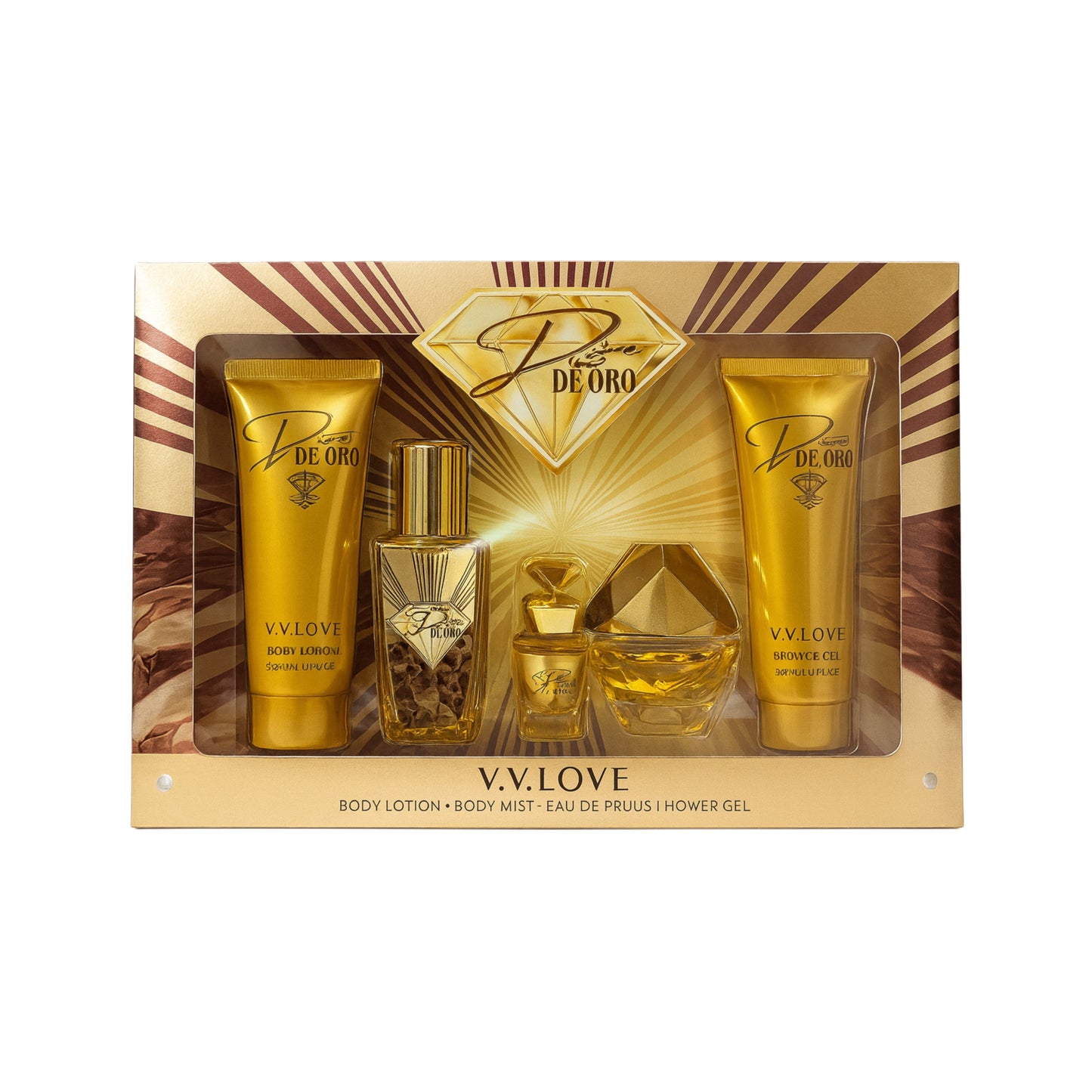 De Oro V.V. Love luxury cosmetic gift set with body lotion, shower gel, perfume and body mist in gold packaging