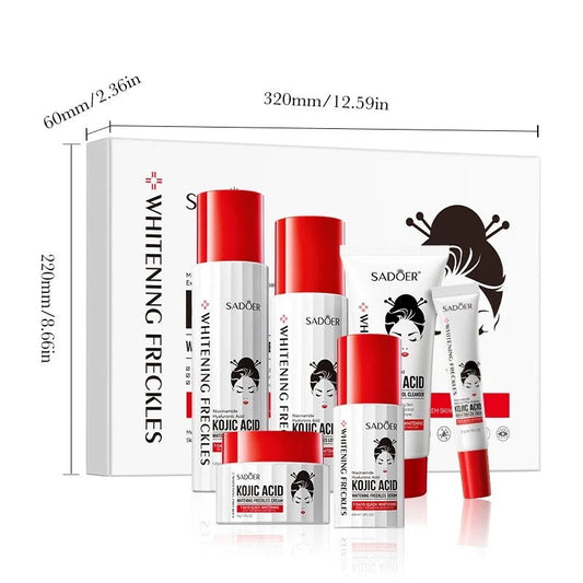 SADOER whitening freckles skincare kit with kojic acid, red and white packaging, import cosmetice