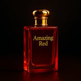 A luxurious perfume bottle design in vibrant red and gold, with an elegant and seductive appearance, set against a dark, sophisticated background to highlight its richness.